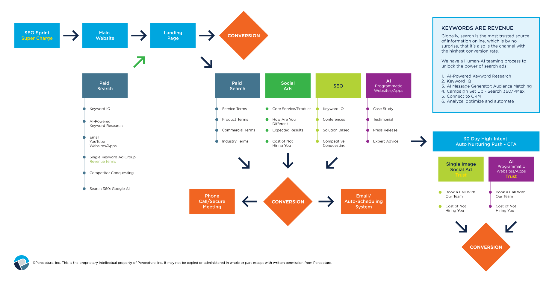 a mapped strategy in flow chart format and process sample of Percepture's paid search services.