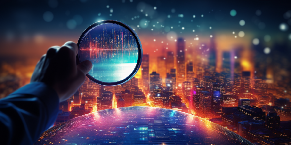 A magnifying glass looks out over a brightly-lit evening city landscape. The magnifying glass shows streams of data rising, illustrating the idea of watching 2024 SEO trends rising across the search landscape.