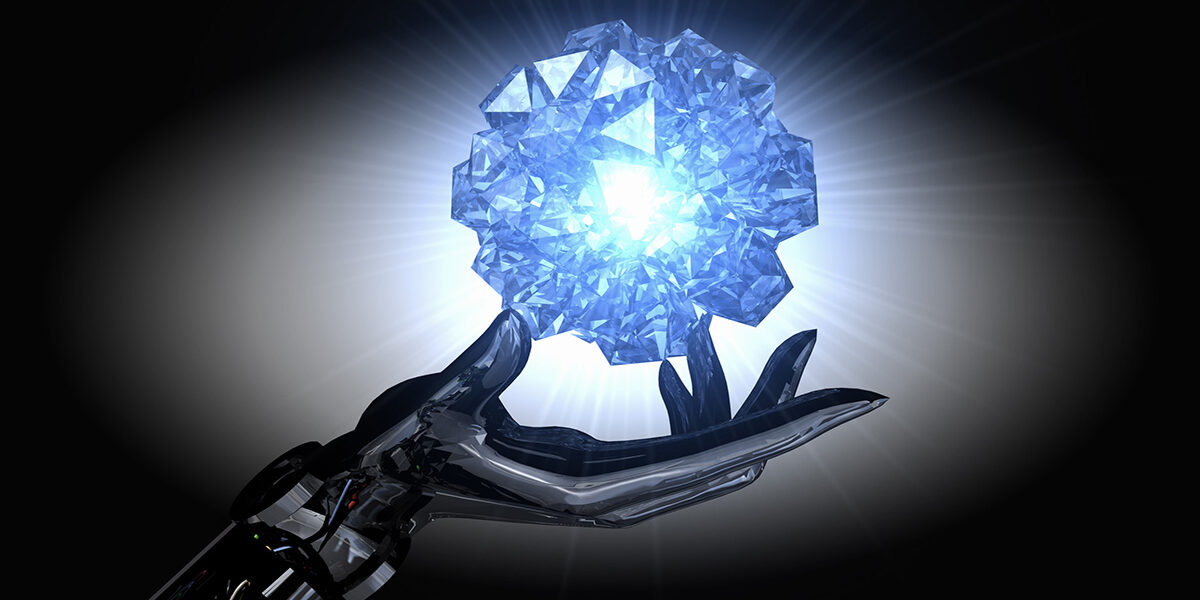 Image of robotic hand spinning a lighted crystal diamond suspended in space, diamonds in microchips are the next in technology for data centers