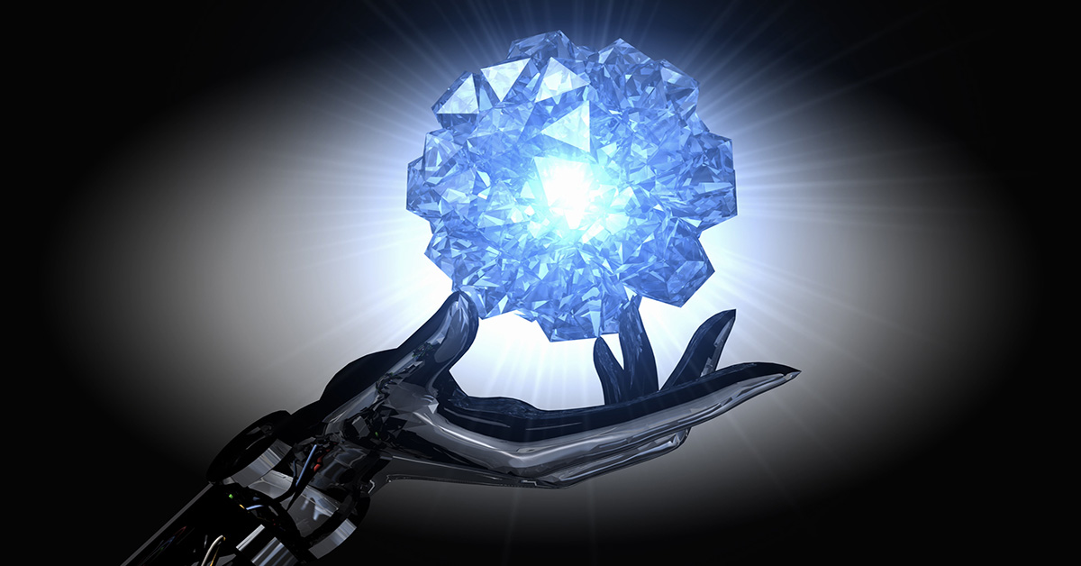 Image of robotic hand spinning a lighted crystal diamond suspended in space, diamonds in microchips are the next in technology for data centers