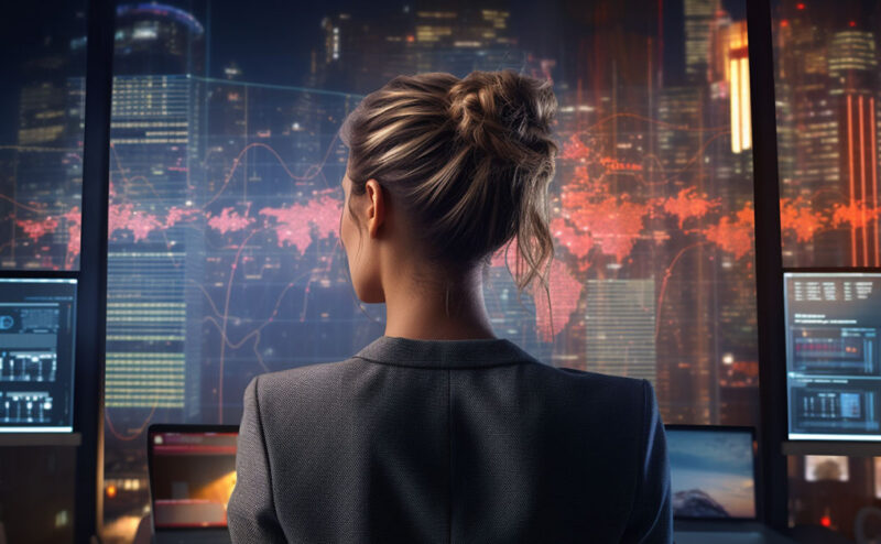 A business woman with a blazer on has her back to the camera. She is looking at a full wall of digital screens full of maps and statistics, representing the data behind the media buying trends of 2024