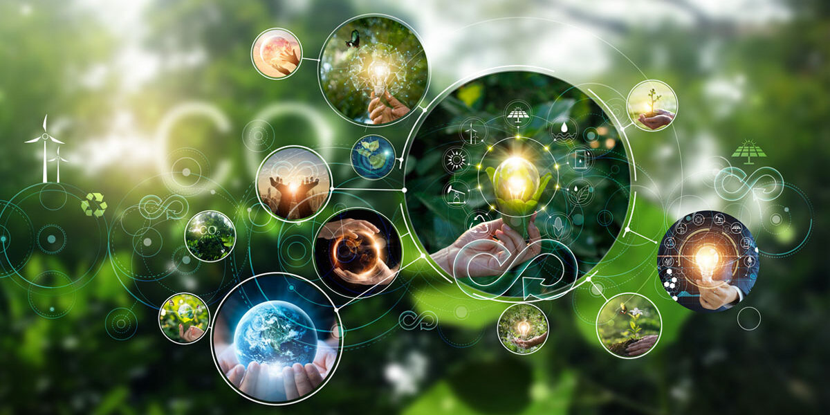 A field of green with individual bubbles of eco-friendly solutions illustrates many ways that advertising campaigns can be considered sustainable marketing.