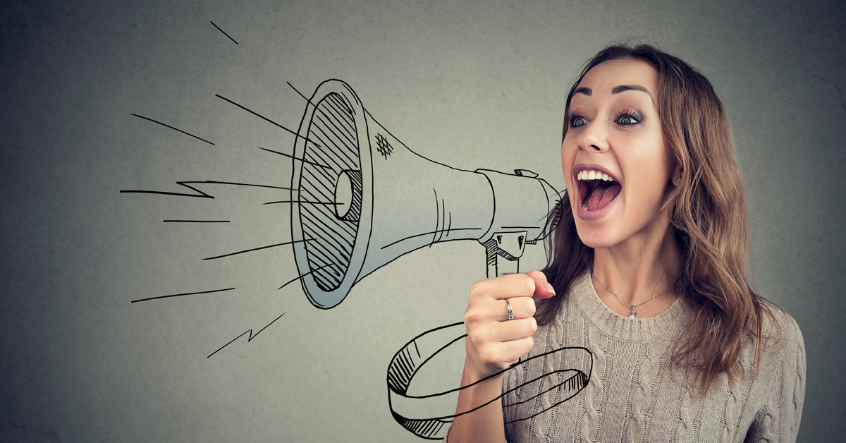 A woman holds an hand-drawn megaphone to amplify her voice to gain a broader reach, which illustrates how the benefits of news releases in 2024 can broaden the reach of PR beyond traditional media