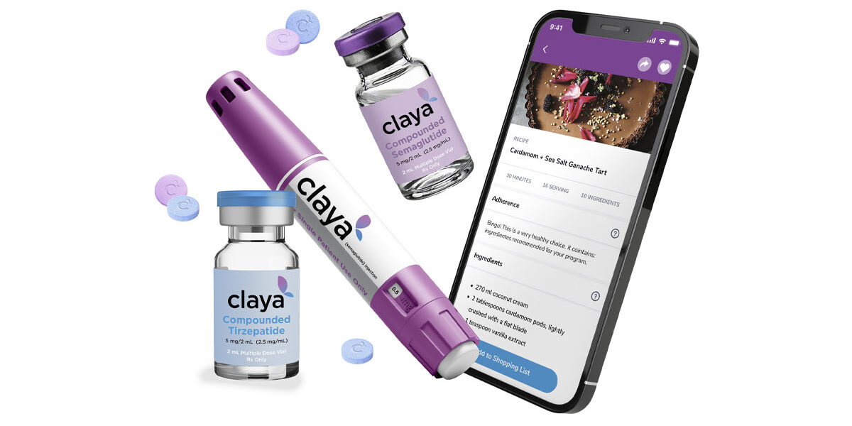 An image showing a GLP-1 medications in oral and injectable forms. The medications are branded with the Claya logo. Claya is a weight loss and wellness platform that offers personalized programs using GLP-1 medications. The online platform is shown on the screen of a smart phone.