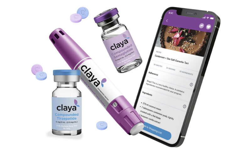 An image showing a GLP-1 medications in oral and injectable forms. The medications are branded with the Claya logo. Claya is a weight loss and wellness platform that offers personalized programs using GLP-1 medications. The online platform is shown on the screen of a smart phone.