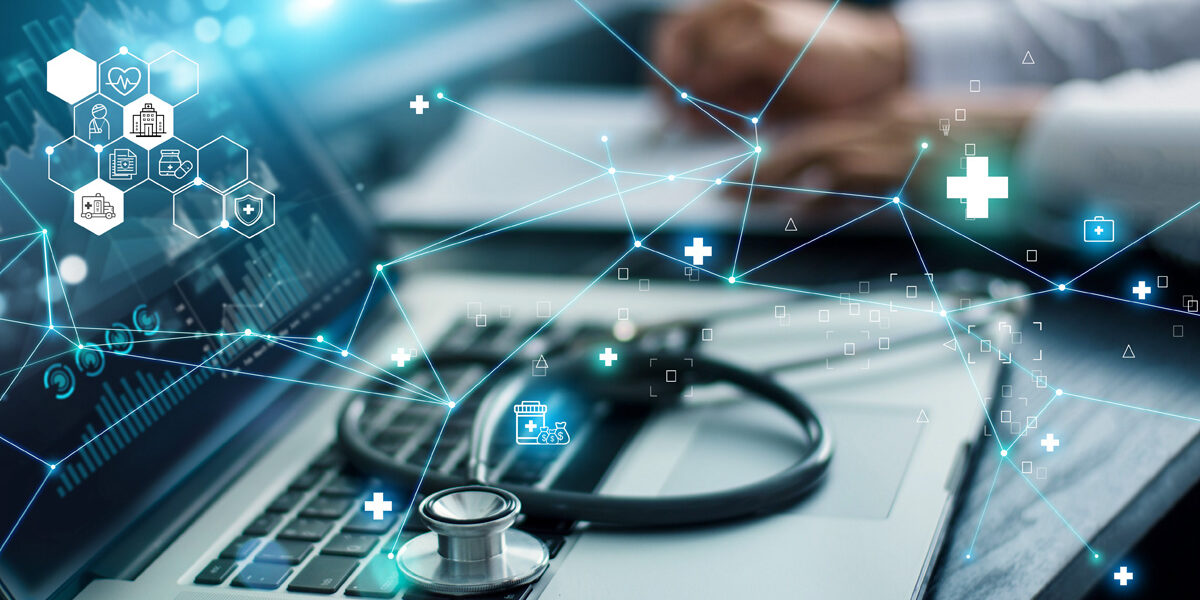 The foreground of this photograph shows a stethoscope resting on a laptop, with the hands of a medical provider seen in the background making notes. A series of interconnected symbols over overlaid on the phot, representing products, processes, and audiences in pharma marketing and CDMO marketing