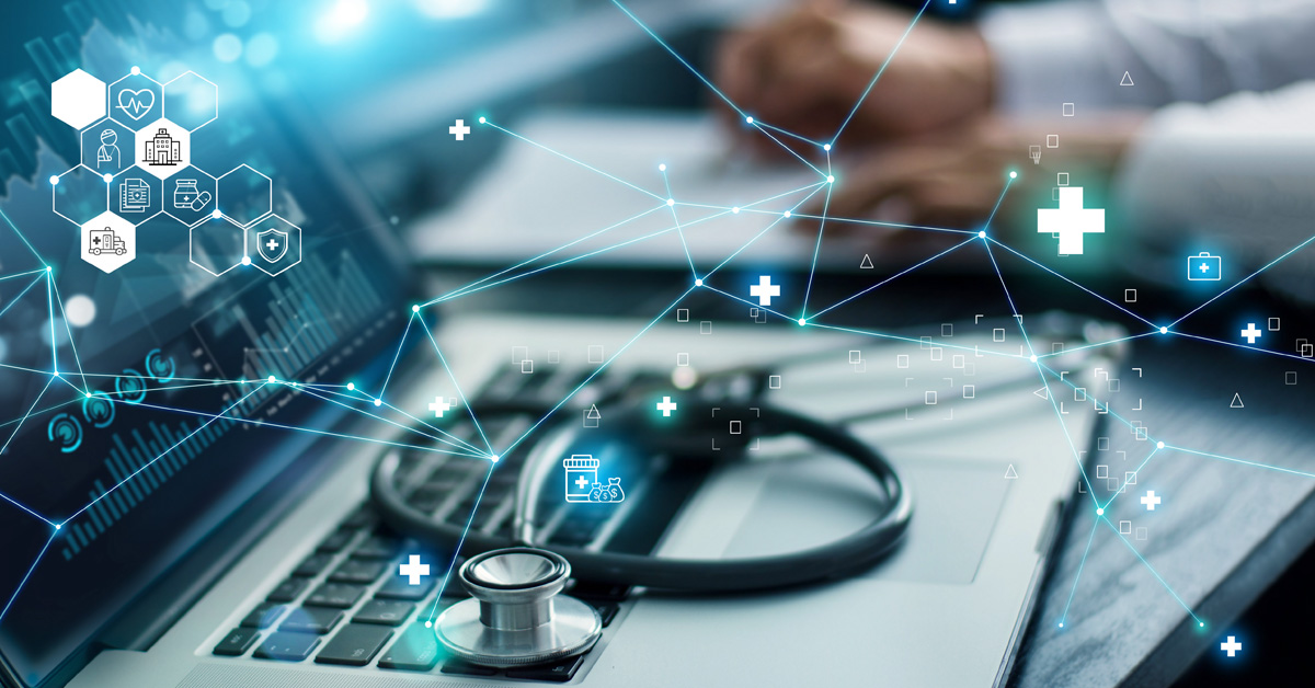 The foreground of this photograph shows a stethoscope resting on a laptop, with the hands of a medical provider seen in the background making notes. A series of interconnected symbols over overlaid on the phot, representing products, processes, and audiences in pharma marketing and CDMO marketing