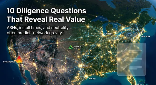 10 Diligence Questions for data centers - find the value of digital infrastructure - and background map overlay with connectivity to all major data centers across the US