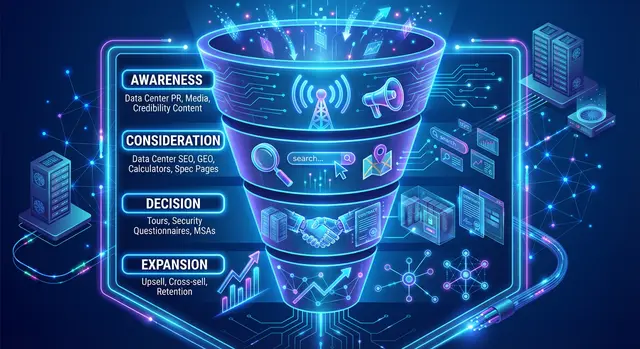 Data Center Marketing Funnel for 2026 -  awareness, consideration, decision, and expansion 