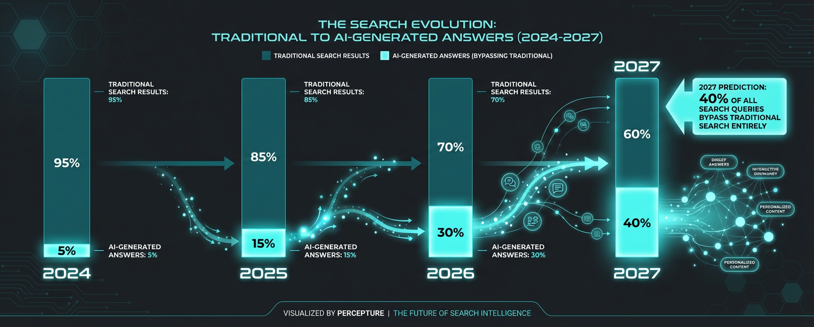 prediction graph timeline showcasing the growth in generative engine optimization and adoption by users over the period of 2024 through 2027