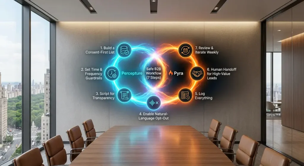 A 7 step work flow showing safe and compliant AI outbound calling - with the background of a whiteboard in an office, for aesthetics