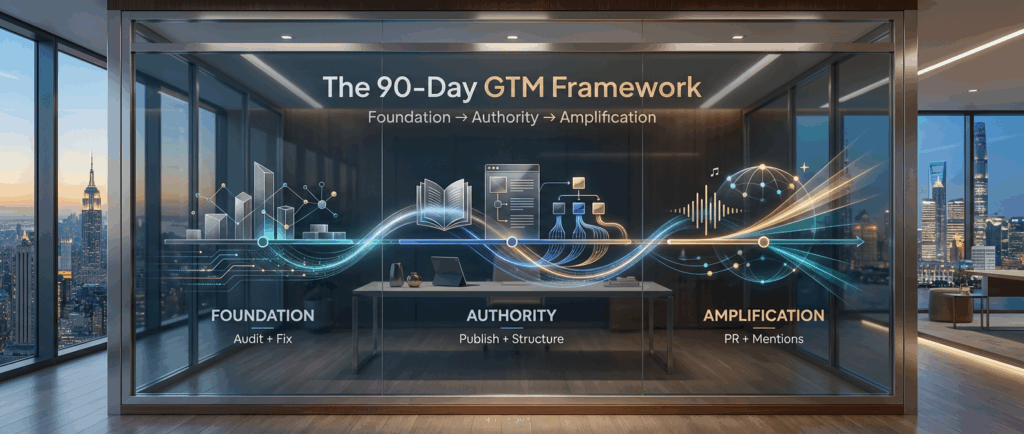 90-day GTM Framework for Tech and Data Center companies - showing a visual chart, and in the background is NYC through the windows, layers of imagery at 60 Hudson in NYC