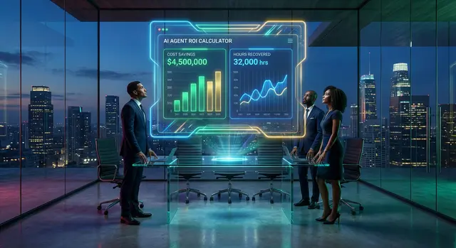 How AI Sales Agents work for Data Centers - NYC office at night with city skyline and three workers observing the sales agents work