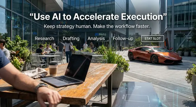 AI Marketing - sitting at Starbucks in front of the META building with a Lamborghini driving by and the headline: Use AI to Accelerate Execution"