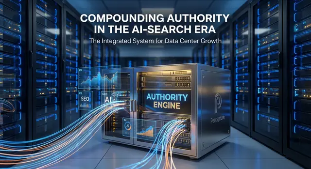 Integrated marketing approach to data center marketing in 2026 - connected to an authority engine within a data center to show case list of top data center marketing agencies