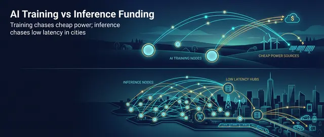 data center ai training vs inference funding - its a picture of ai training nodes and cheap power sources vs interference nodes and low latency hubs
