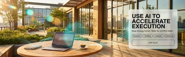 Use AI to accelerate research, drafting, analysis, and follow-up using Percepture AI Agents - image is outside og Google campus with laptop having a coffee in the morning 