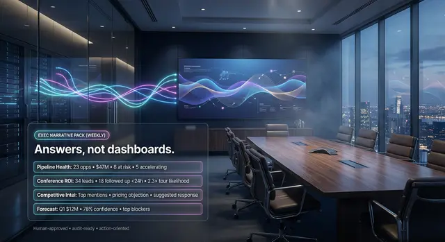 Answers dashboard for executives - ai agent in a board room giving answers to executives