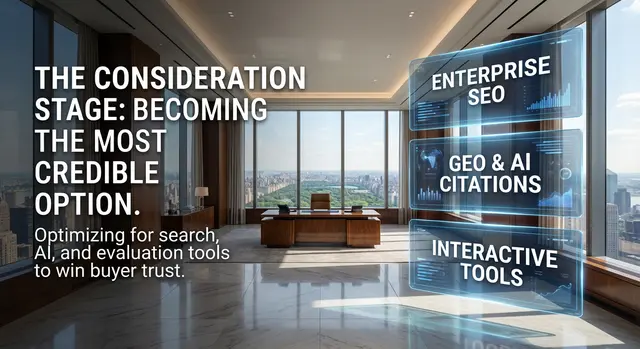 The consideration stage in the buyers cyscle in b2b for data centers - background is NYC office and view of central park