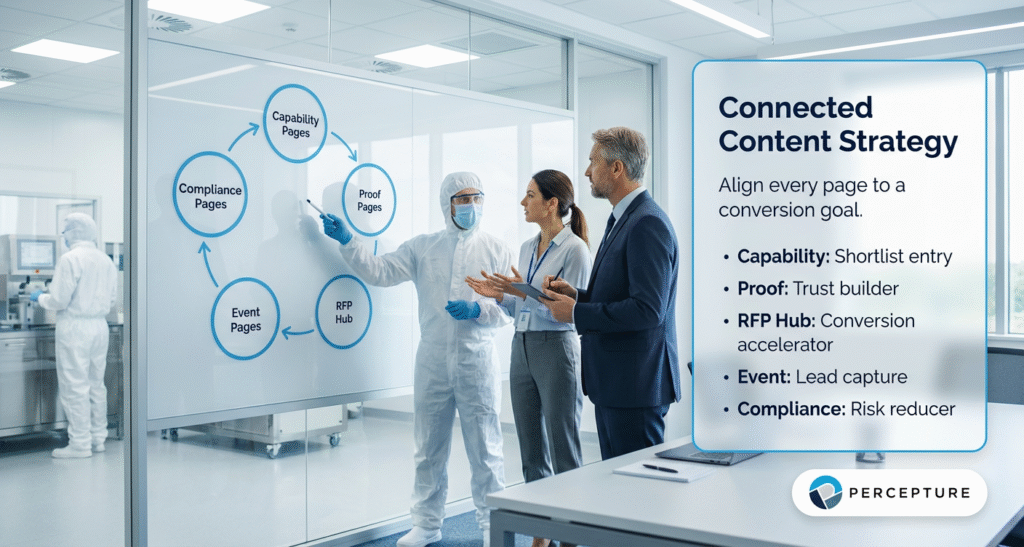 CDMO Content Strategy - diagram on whiteboard in lab with scientists, sales, and executives.