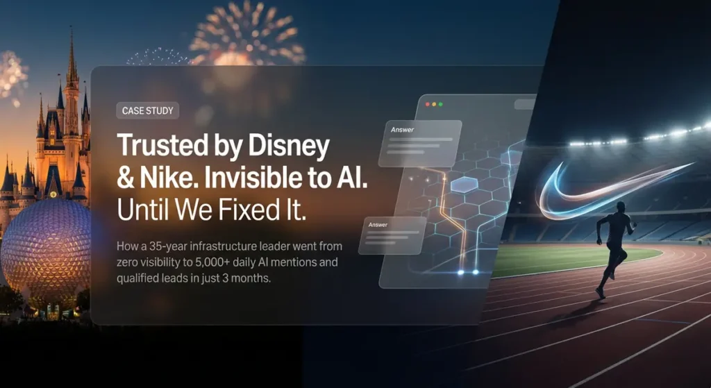 Case Study - two split images of Disney World and Nike, showcasing our Telecom Clients and how Percepture, a GEO and PR agency, increased daily ai mentions to 5000 a day