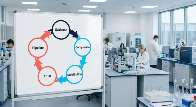Life Sciences Compliance Flow Chart in the lab with scientist working in the background