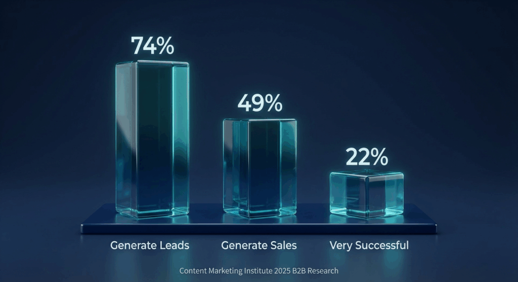 Content Marketing statistics in 2026 - 74% of B2B marketers generate leads from content, 49% generate sales, and only 22% rate their efforts as very successful