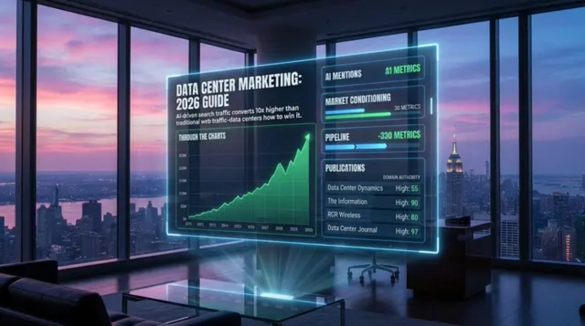 Marketing Guide for Data Centers in 2026 - NYC in background with numbers rising in illuminated graph