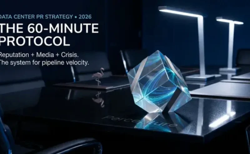 Percepture is a Data Center PR Agency - Image of digital infrastructure gleaming through glass cube to lay out a 2026 Data Center Public Relations strategy