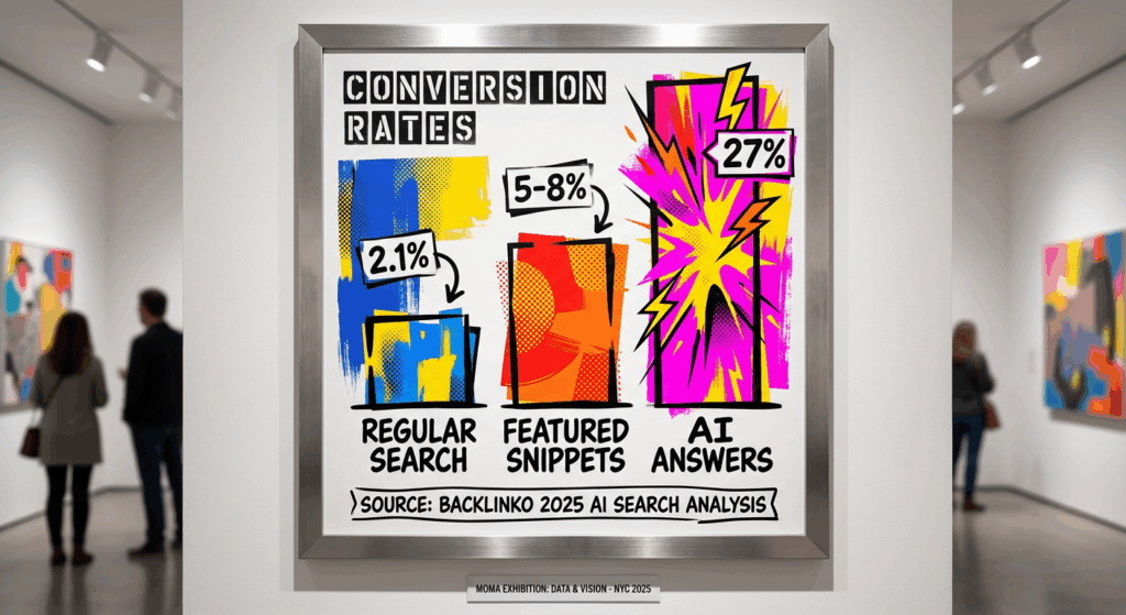 SEO vs featured snippets vs ai answers conversion rate comparisons.  Regular Search: 2.1% | Featured Snippets: 5 - 8%, and traffic from AI Answers converts at 27%