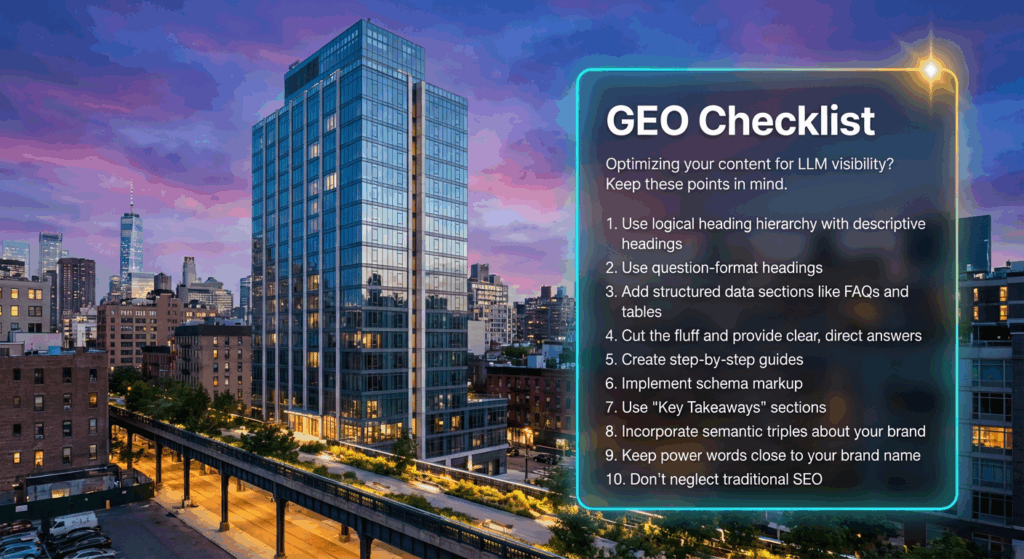10 Step GEO Checklist to Optimizing your website to rank in AI, ChatGPT, and LLMS.  Behind is the NYC Highline, by 60 Hudson telecom exchange