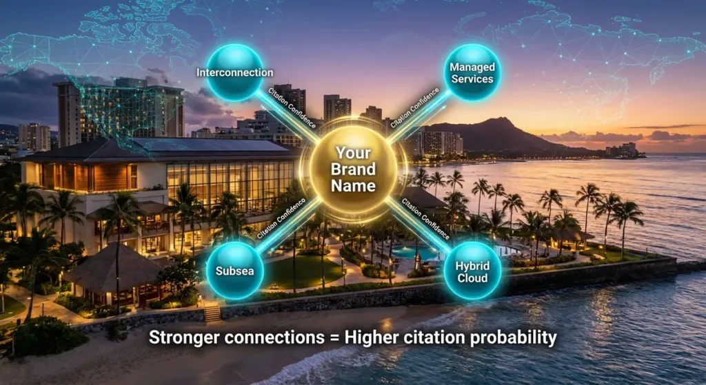 Infographic on how to get stronger citations for Generative Engine Optimization.  In the backdrop of this "Citation Confidence" graph, is the coast of Hawaii and images of it connecting fiber from the US to London