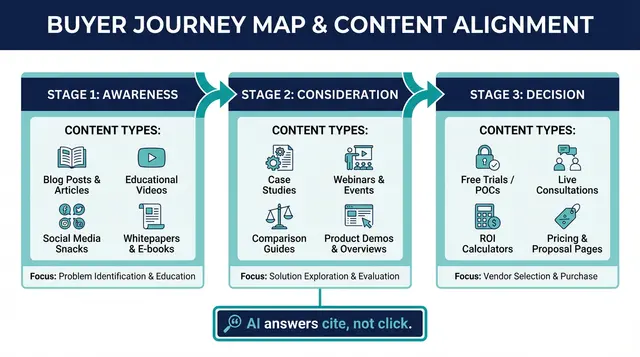 buyer journey map and content layout for Life Sciences with Percepture Marketing and PR and Sales - content marketing for b2b AI search chart