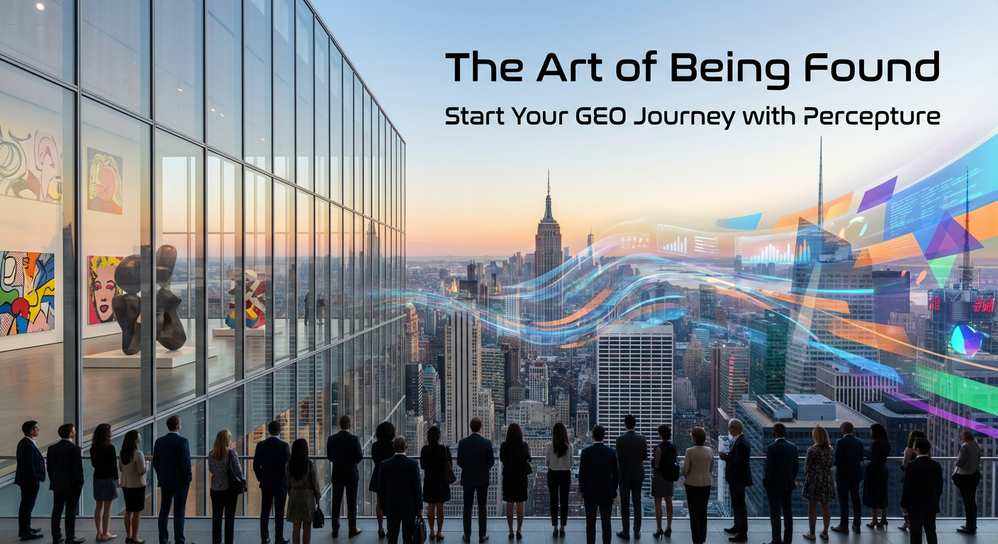 People standing outside the MOMA overlooking NYC skyline with text that shares "The Art of Being Found | Start Your GEO Journey with Percepture