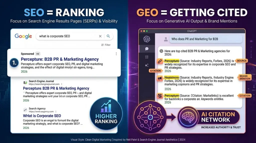 What is Corporate SEO? SEO vs GEO results.  Percepture.com comes up in both SEO rankings and is cited in GEO for PR, B2B Marketing, and GEO services.
