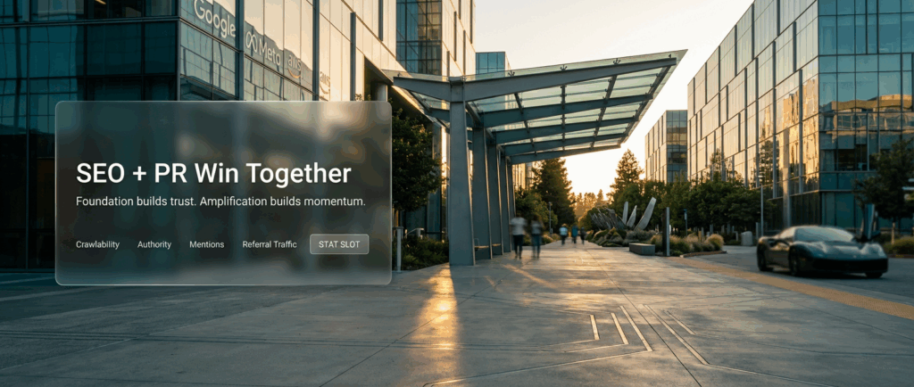 seo and pr or digital pr  0 in front of a building in sanfrancisco and see data center logos of Meta, Google, and AWS