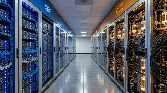SRO vs GEO comparison - inside a data center showing two racks of rows - one traditional and one to support AI and GEO