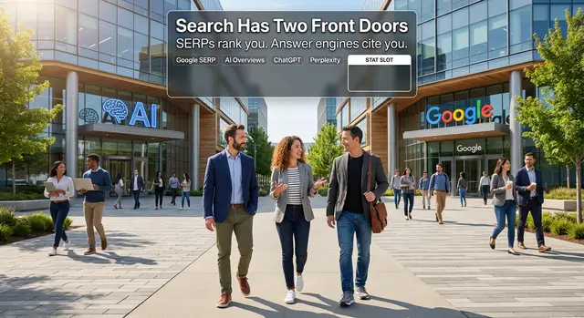 open ai buidling on the left and Google on the right: GEO vs SEO, and you have three people walking in between the two buildings