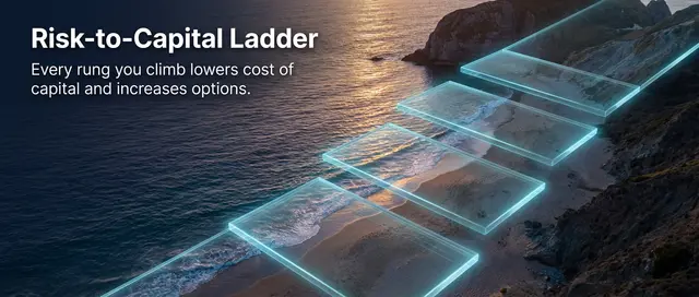 data center risk to capital ladder - shows steps over ocean coast aeirel view, step symbolizing the ladder for data center financing structures comparison
