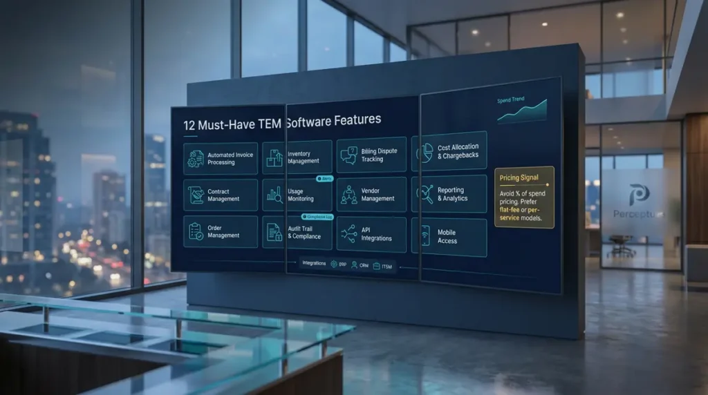 The 12 most common TEM software features on a board in an NYC office with floor-to-ceiling windows and a view of the NYC skyline