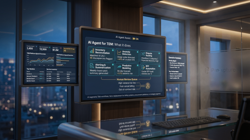 AI Agent for Telecom Expense Management or TEM on three screens overlooking nyc in office at night