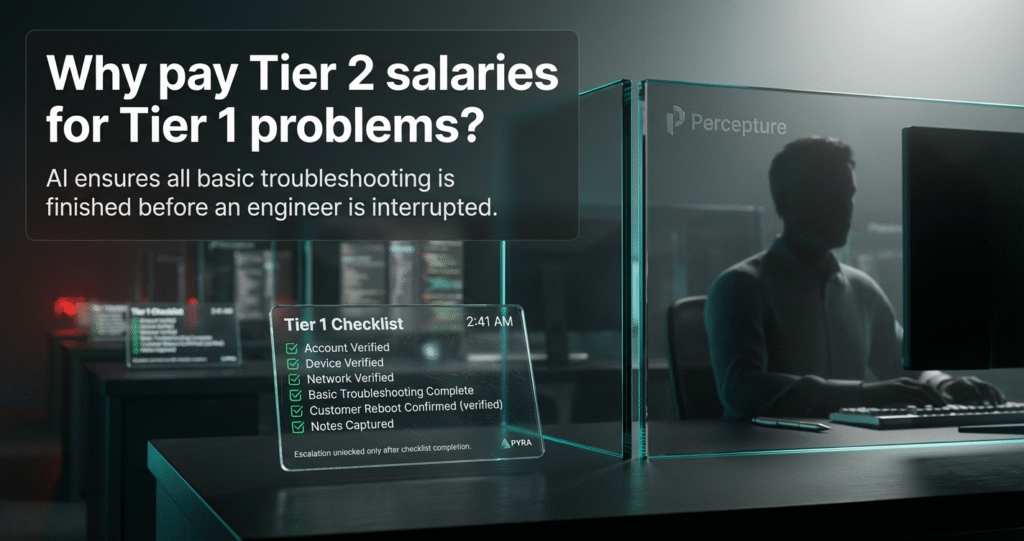 A high-end NOC command center featuring a transparent glass digital checklist showing completed AI diagnostic tasks, protecting a Tier 2 engineer in a quiet zone background