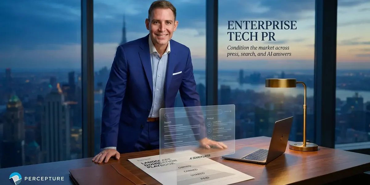 Bob Generale introducing Enterprise tech PR hero image showing Percepture board-pack system for landscape domination across press, search, and AI answers.