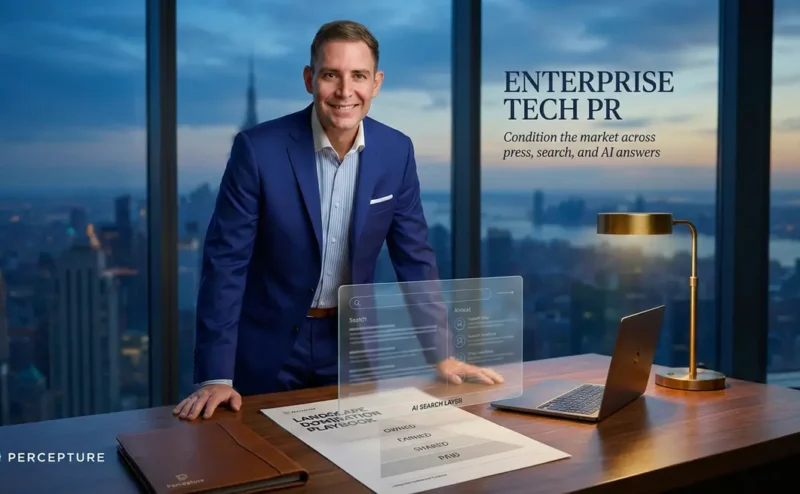 Bob Generale introducing Enterprise tech PR hero image showing Percepture board-pack system for landscape domination across press, search, and AI answers.