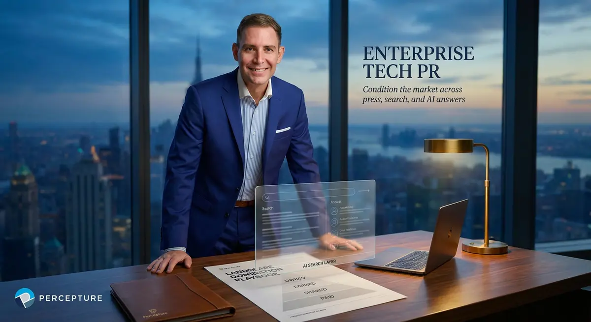 Bob Generale introducing Enterprise tech PR hero image showing Percepture board-pack system for landscape domination across press, search, and AI answers.