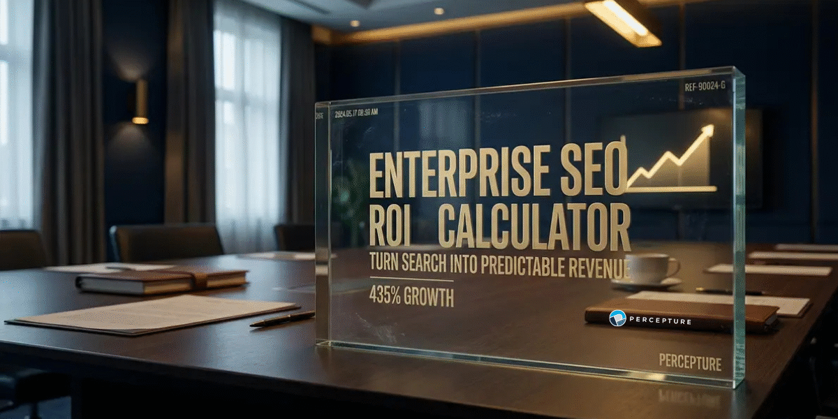 An award for Enterpirse SEO ROI Calculator on it, across a teak wooden desk in an enterprise marketing executives desk