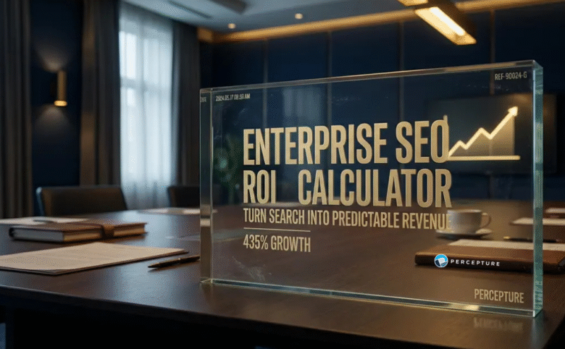 An award for Enterpirse SEO ROI Calculator on it, across a teak wooden desk in an enterprise marketing executives desk