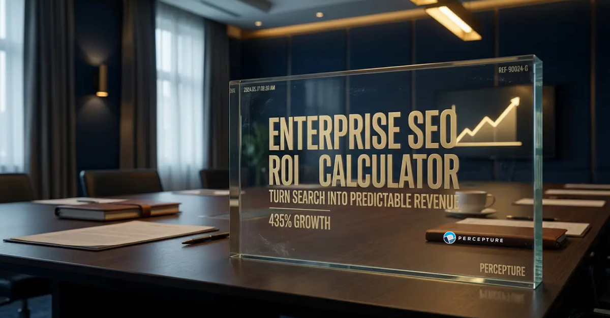 An award for Enterpirse SEO ROI Calculator on it, across a teak wooden desk in an enterprise marketing executives desk