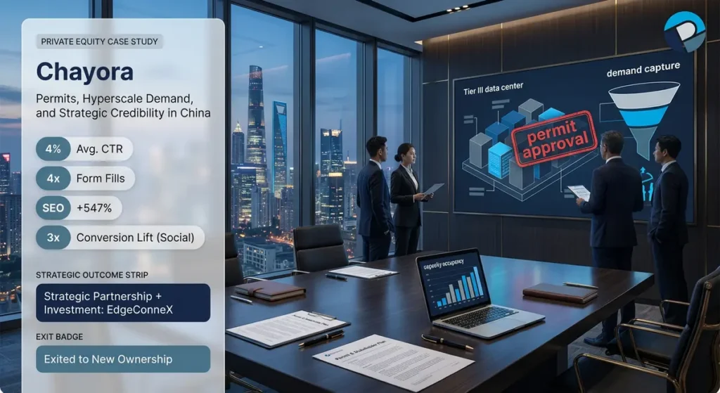 Chayora data center private equity case study image showing permit credibility, capacity demand generation, and strategic partnership leading to new ownership.