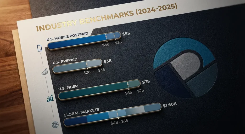 Telecom industry benchmarks - mobile postpaid vs. US prepaid, US fiber, global markets